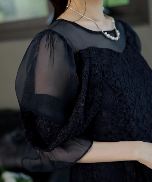 Cinderella(シンデレラ)の「ドレス ワンピース パーティドレス 結婚式 お呼ばれ 二次会 謝恩会 オケージョンドレス 総レース フォーマルドレス パフスリーブ レースドレス シアー袖 シースルー シアーデコルテ フォーマルワンピース ハイウエスト フレアスカート ロング丈 ミモレ丈 同窓会(ドレス・レディース・ラベンダー/ネイビー/ベージュ・LARGE/X-LARGE/MEDIUM)」の19枚目の写真