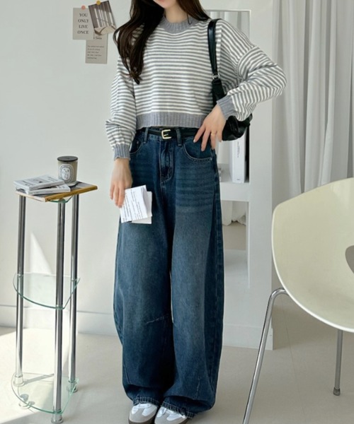 Ada.(エイダ)の「配色リブ切替 ボーダー柄 ドロップショルダー ニット(ニット/セーター・レディース・ブラック/ブラウン/グレー・FREE)」の20枚目の写真