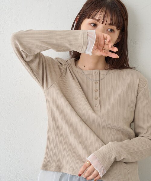 DISCOAT（ディスコート）の「【WEB限定】裾チュールヘンリーネックプルオーバー（Tシャツ/カットソー・レディース・アイボリー/モカ/ブラック・FREE）」の3枚目の写真
