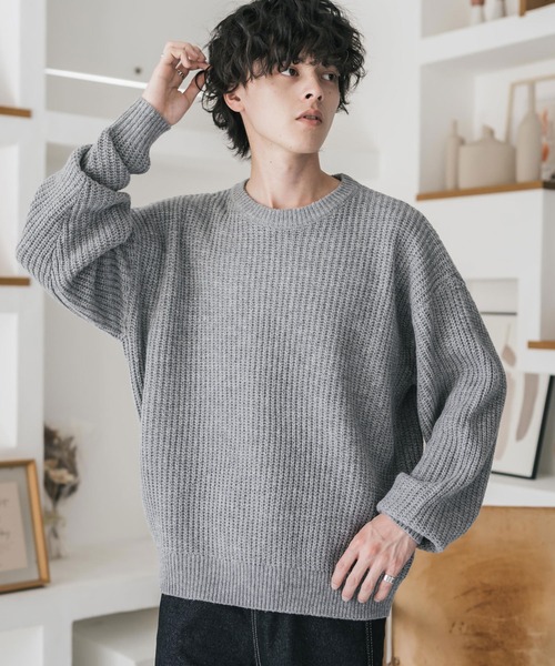 Rocky Monroe(ロッキーモンロー)の「新色追加 オーバーサイズ畦編みクルーネック長袖ニットセーター(ニット/セーター・メンズ・ベージュ/ネイビー/チャコール/ホワイト系/ピンク/グレー系/マスタード/オフホワイト/ブラウン/ブラック/グレー/レッド/ブラック系/ブルー/ブルーグリーン/モスグリーン/ワイン・L/XL/M)」の7枚目の写真
