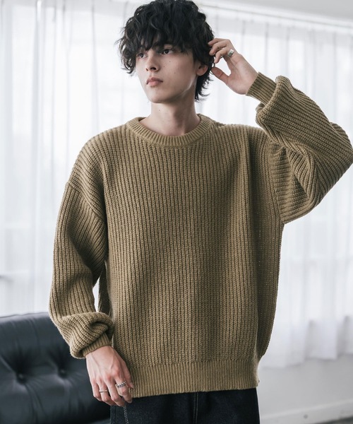 Rocky Monroe(ロッキーモンロー)の「新色追加 オーバーサイズ畦編みクルーネック長袖ニットセーター(ニット/セーター・メンズ・ベージュ/ネイビー/チャコール/ホワイト系/ピンク/グレー系/マスタード/オフホワイト/ブラウン/ブラック/グレー/レッド/ブラック系/ブルー/ブルーグリーン/モスグリーン/ワイン・L/XL/M)」の9枚目の写真