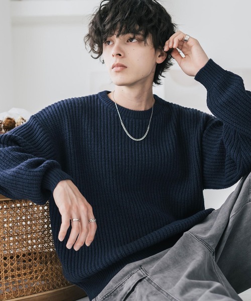 Rocky Monroe(ロッキーモンロー)の「新色追加 オーバーサイズ畦編みクルーネック長袖ニットセーター(ニット/セーター・メンズ・ベージュ/ネイビー/チャコール/ホワイト系/ピンク/グレー系/マスタード/オフホワイト/ブラウン/ブラック/グレー/レッド/ブラック系/ブルー/ブルーグリーン/モスグリーン/ワイン・L/XL/M)」の11枚目の写真