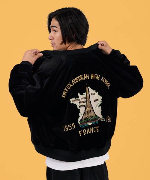 THRIFTY LOOK(スリフティールック)の「THRIFTY LOOK / スリフティールック FRANCE SOUVENIR BLOUSON フランス スーベニア ブルゾン スカジャン ボンバージャケット リバーシブル 別珍 ベロア サテン メンズ レディース 2026年 秋 秋服 冬 冬服(ブルゾン・メンズ・ブラック・MEDIUM/LARGE)」の1枚目の写真