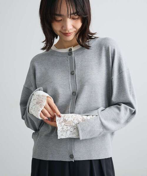 Green Parks(グリーンパークス)の「袖レースレイヤードニットカーディガン(カーディガン/ボレロ・レディース・ブラック/杢グレー・FREE)」の1枚目の写真