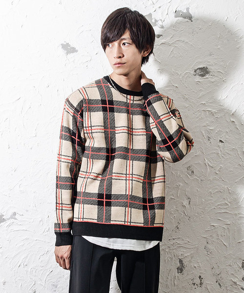 MinoriTY（マイノリティ）の「ニット/チェック柄ビッグニット（ニット/セーター・メンズ・ブラック/ベージュ・M/L）」の2枚目の写真