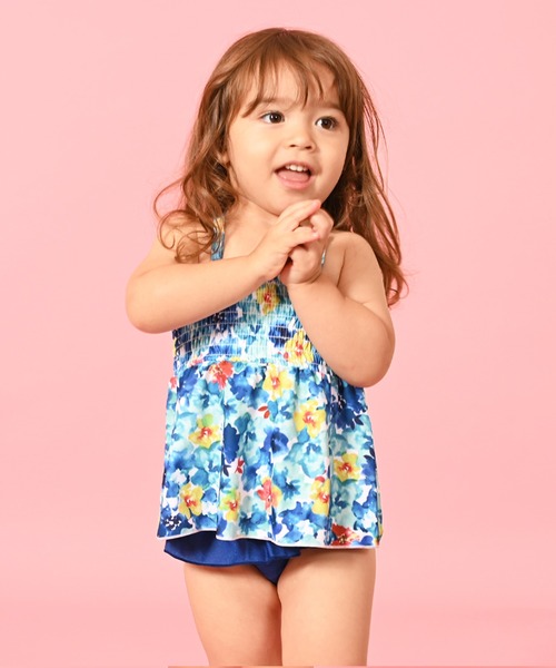 LEAD（リード）の「2点セットキッズ・ベビーぼかし水彩フラワー柄シャーリングフリル水着（水着・キッズ・ブルー/ピンク・100cm/130cm/110cm/120cm/90㎝）」の17枚目の写真