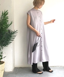 フレンチスリーブバンドカラーシャツワンピース