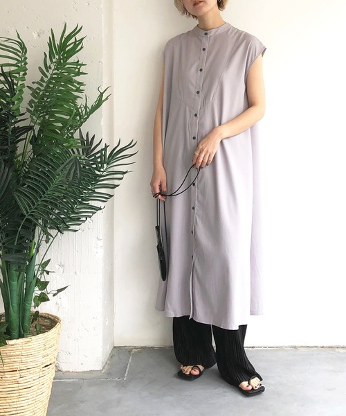 PREFERIR - ストライプ バンドカラーシャツ フレンチスリーブ