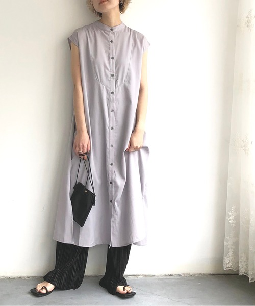スローブイエナ　シャツワンピース　ゆったり　フレンチスリーブ　バンドカラー スローブイエナ シャツワンピース ゆったり フレンチスリーブ