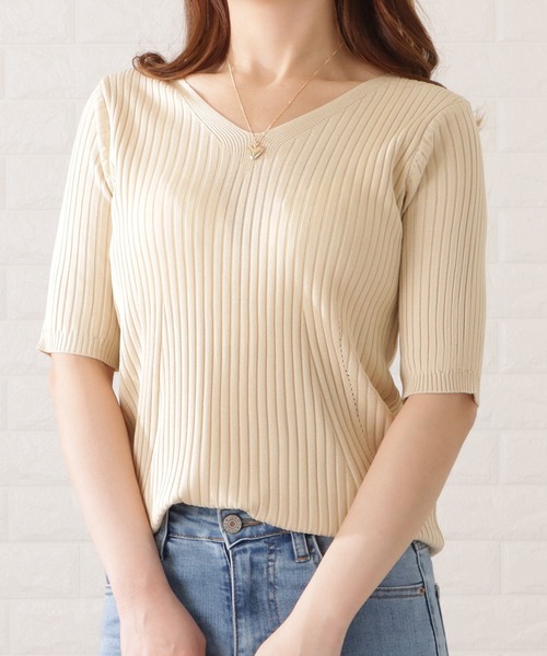 Gransasso 50 新品 Vネックセーター ベージュ セール】Vネック 五分袖ニットセーター（ニット/セーター