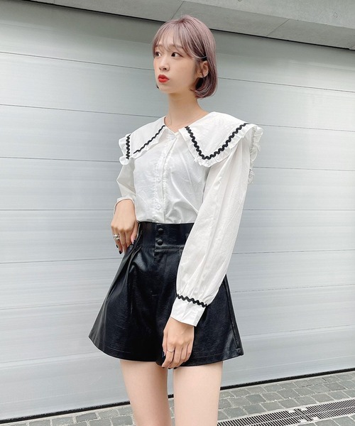 Voyage titty&Co.PETIT（ボヤージュティティアンドコープチ）の「【Voyage titty&Co. PETIT】ししゅうラインセーラーブラウス（シャツ/ブラウス・レディース・ホワイト/ブラウン・FREE）」の3枚目の写真