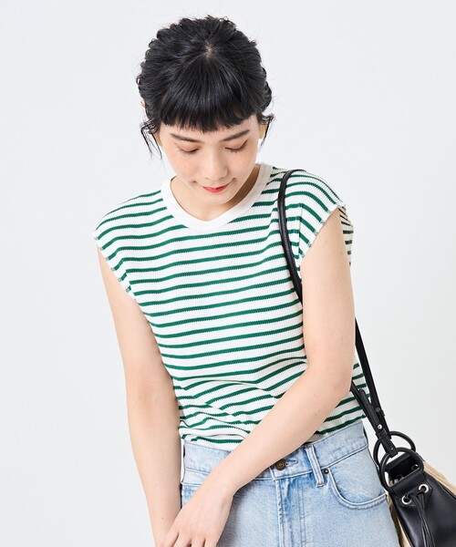 FREAK'S STORE（フリークスストア）の「ワッフルフレンチスリーブＴシャツ（Tシャツ/カットソー・レディース・ブラック/オフホワイト/ストライプ/グリーン/ブルー・ﾌﾘ-）」の7枚目の写真