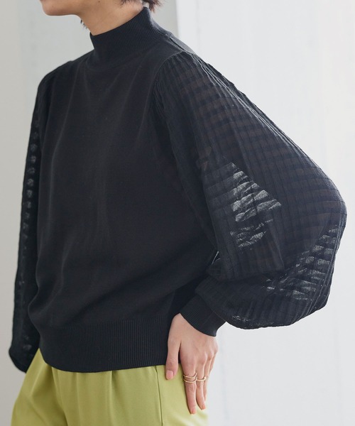 KOBE LETTUCE（コウベレタス）の「シアーチェックスリーブニットトップス（ニット/セーター・レディース・イエロー系/ブラック/パープル系・FREE）」の2枚目の写真