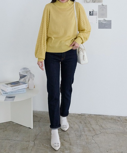 KOBE LETTUCE（コウベレタス）の「シアーチェックスリーブニットトップス（ニット/セーター・レディース・イエロー系/ブラック/パープル系・FREE）」の4枚目の写真