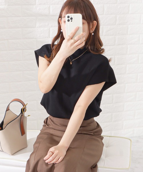 Lace Ladies(レースレディース)の「プチハイネック半袖ニットトップス(ニット/セーター・レディース・ブラック/オリーブ/グレイッシュベージュ・FREE)」の2枚目の写真