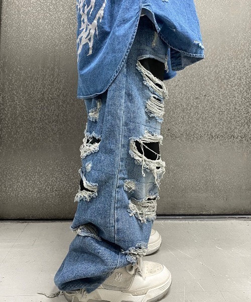 HARSH AND CRUEL ワイドデニムパンツダメージジーンズストリート XU（エックスユー）の「ストリートファッション XU エックスユー
