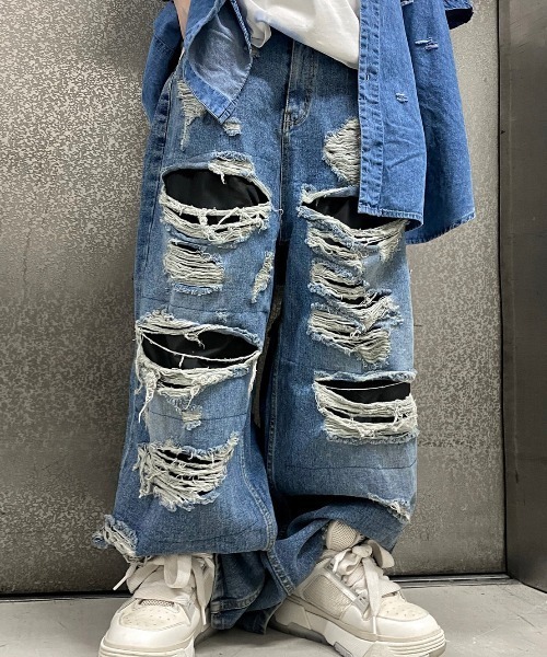 XU(エックスユー)の「ストリートファッション XU エックスユー hard damage denim ジーンズ ワイドデニム デニムパンツ ワイドパンツ ダメージデニム ダメージジーンズ(デニムパンツ・メンズ・ブルー・M)」の8枚目の写真