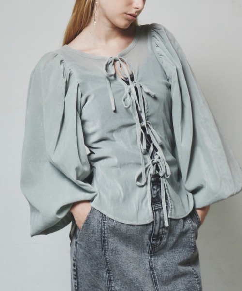 セール】前リボンボリュームパフ袖シアーベロアトップス（シャツ