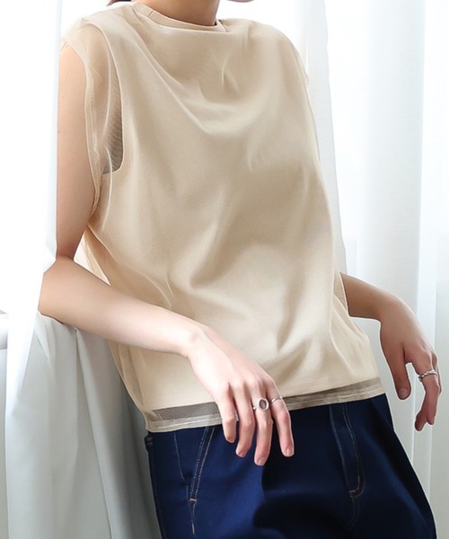 Girly Doll（ガーリードール）の「チュールレイヤードノースリーブTee（Tシャツ/カットソー・レディース・ベージュ/カーキ/ブラック/オフホワイト・F）」の3枚目の写真