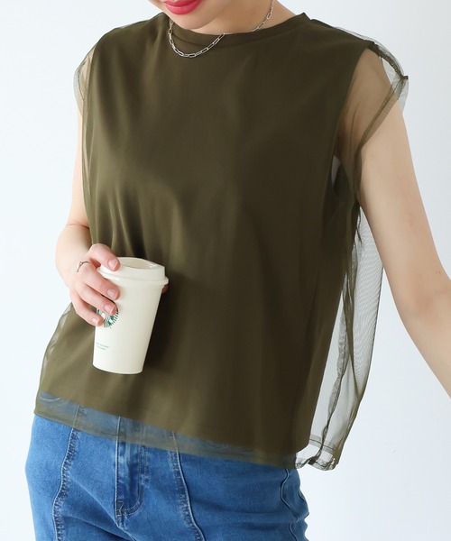 Girly Doll（ガーリードール）の「チュールレイヤードノースリーブTee（Tシャツ/カットソー・レディース・ベージュ/カーキ/ブラック/オフホワイト・F）」の15枚目の写真