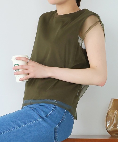 Girly Doll（ガーリードール）の「チュールレイヤードノースリーブTee（Tシャツ/カットソー・レディース・ベージュ/カーキ/ブラック/オフホワイト・F）」の16枚目の写真