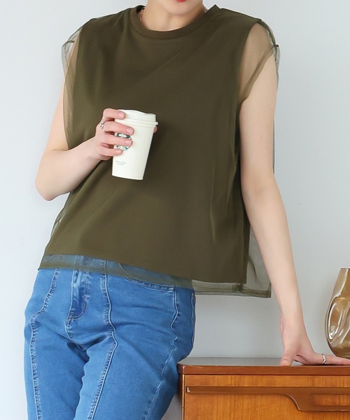 Girly Doll（ガーリードール）の「チュールレイヤードノースリーブTee（Tシャツ/カットソー・レディース・ベージュ/カーキ/ブラック/オフホワイト・F）」の17枚目の写真