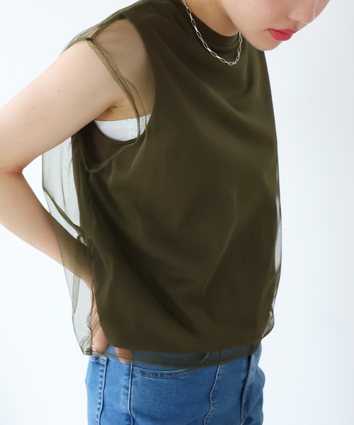 Girly Doll（ガーリードール）の「チュールレイヤードノースリーブTee（Tシャツ/カットソー・レディース・ベージュ/カーキ/ブラック/オフホワイト・F）」の18枚目の写真