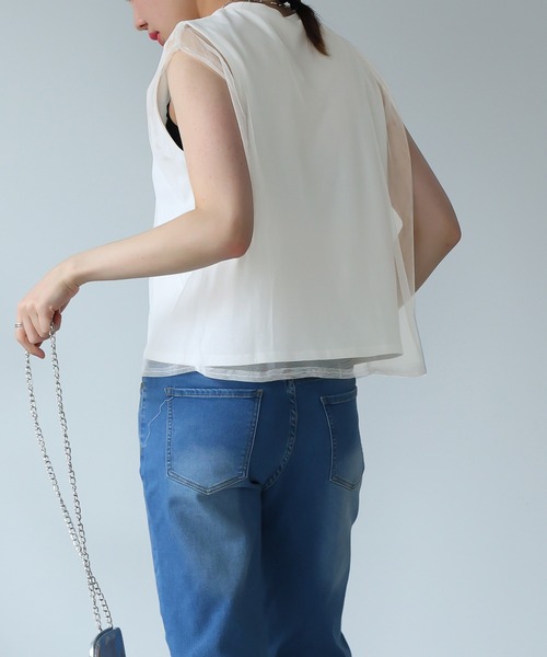 Girly Doll（ガーリードール）の「チュールレイヤードノースリーブTee（Tシャツ/カットソー・レディース・ベージュ/カーキ/ブラック/オフホワイト・F）」の21枚目の写真