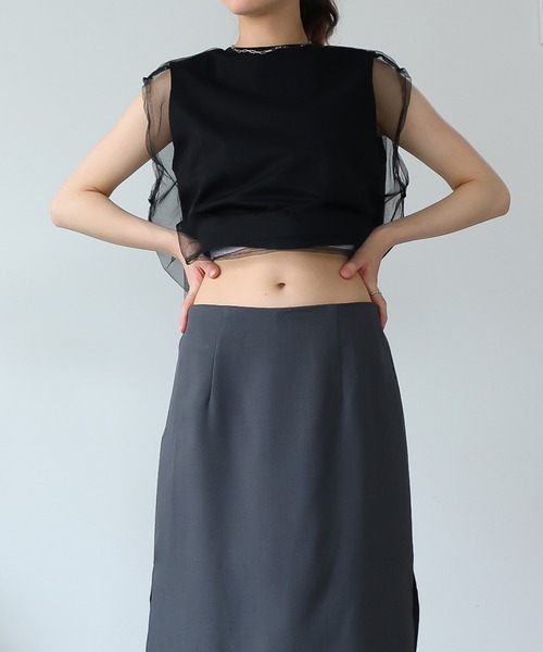 Girly Doll（ガーリードール）の「チュールレイヤードノースリーブTee（Tシャツ/カットソー・レディース・ベージュ/カーキ/ブラック/オフホワイト・F）」の9枚目の写真