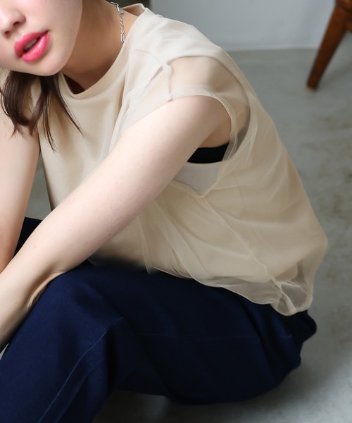 Girly Doll（ガーリードール）の「チュールレイヤードノースリーブTee（Tシャツ/カットソー・レディース・ベージュ/カーキ/ブラック/オフホワイト・F）」の13枚目の写真
