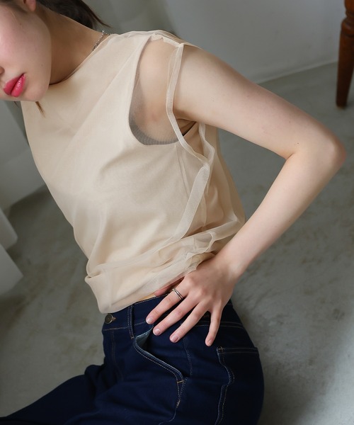 Girly Doll（ガーリードール）の「チュールレイヤードノースリーブTee（Tシャツ/カットソー・レディース・ベージュ/カーキ/ブラック/オフホワイト・F）」の14枚目の写真