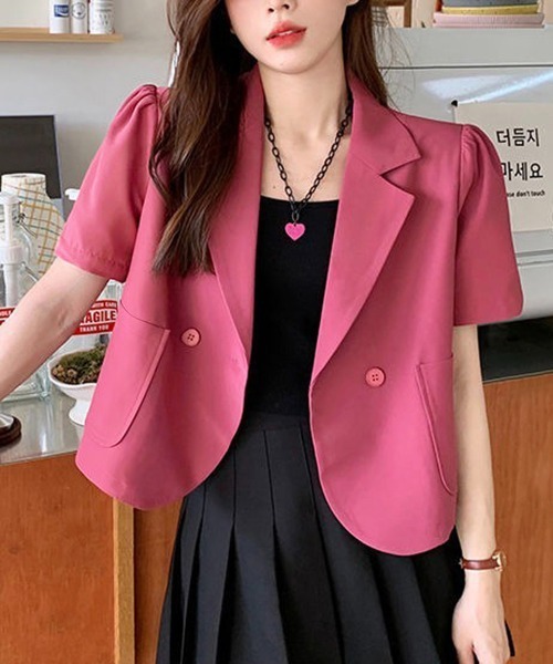 Miniministore（ミニミニストア）の「クロップド丈 半袖ジャケット レディース（カーディガン/ボレロ・レディース・フューシャピンク/グリーン/アイボリー/ブラック・M/XL/L）」の4枚目の写真