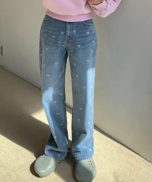 ミニリボン抜染デニム/ストレートデニムパンツ（デニムパンツ）｜LYEON（リヨン）