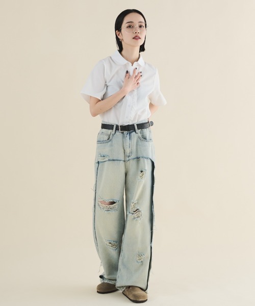 MERLOT（メルロー）の「フェイクレイヤードダメージデニム（デニムパンツ・レディース・ブルー・MEDIUM/LARGE）」の5枚目の写真