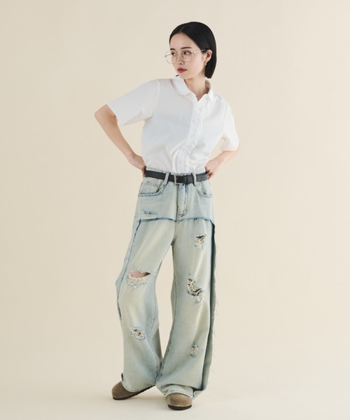 MERLOT（メルロー）の「フェイクレイヤードダメージデニム（デニムパンツ・レディース・ブルー・MEDIUM/LARGE）」の6枚目の写真