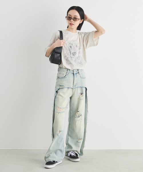 MERLOT（メルロー）の「フェイクレイヤードダメージデニム（デニムパンツ・レディース・ブルー・MEDIUM/LARGE）」の11枚目の写真