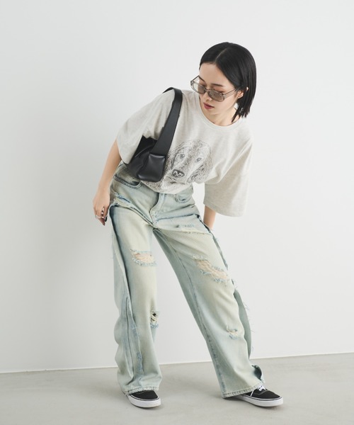 MERLOT（メルロー）の「フェイクレイヤードダメージデニム（デニムパンツ・レディース・ブルー・MEDIUM/LARGE）」の7枚目の写真