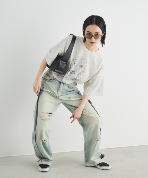 MERLOT（メルロー）の「フェイクレイヤードダメージデニム（デニムパンツ・レディース・ブルー・MEDIUM/LARGE）」の8枚目の写真