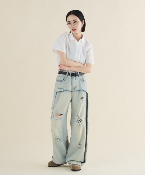 MERLOT（メルロー）の「フェイクレイヤードダメージデニム（デニムパンツ・レディース・ブルー・MEDIUM/LARGE）」の2枚目の写真