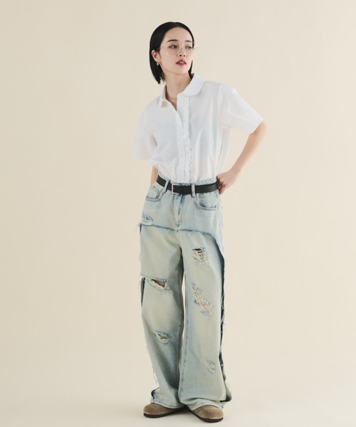 MERLOT（メルロー）の「フェイクレイヤードダメージデニム（デニムパンツ・レディース・ブルー・MEDIUM/LARGE）」の3枚目の写真