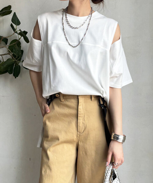 DouDou（ドゥドゥ）の「袖スリット5分袖TEE（Tシャツ/カットソー・レディース・ブラック/ネイビー/オフホワイト・FREE）」の2枚目の写真