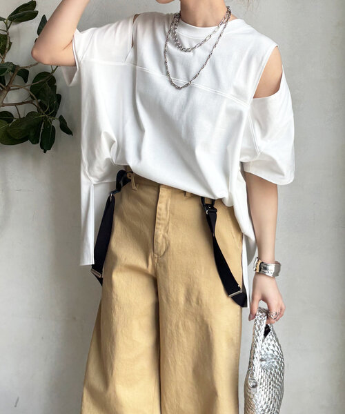 DouDou（ドゥドゥ）の「袖スリット5分袖TEE（Tシャツ/カットソー・レディース・ブラック/ネイビー/オフホワイト・FREE）」の9枚目の写真