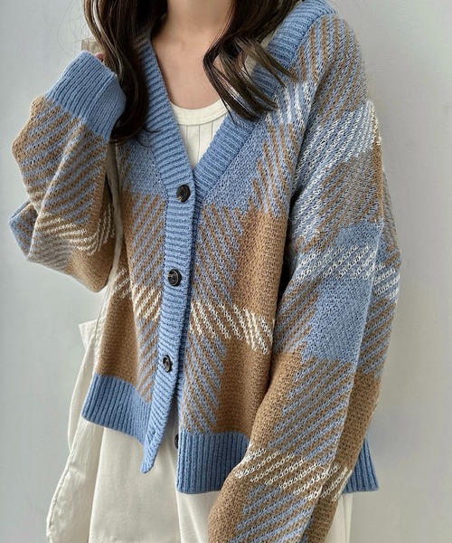 セール】モヘヤライクチェックジャガード長袖ニットカーディガン