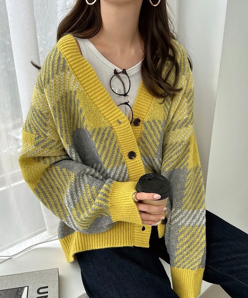 andme(アンドミー)の「モヘヤライクチェックジャガード長袖ニットカーディガン(カーディガン/ボレロ・レディース・グリーン/ピンク/イエロー/ベージュ/ブルー・M)」の14枚目の写真