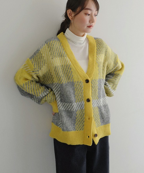セール】モヘヤライクチェックジャガード長袖ニットカーディガン