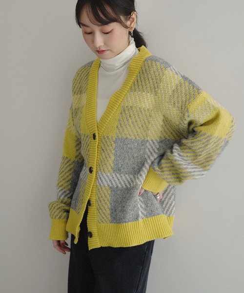 モヘヤライクチェックジャガード長袖ニットカーディガン（カーディガン