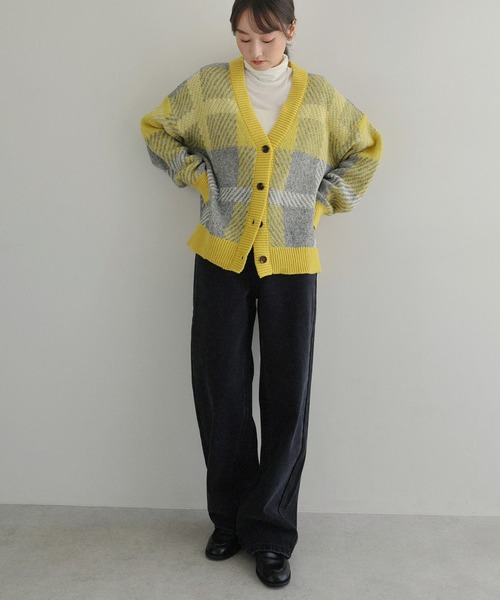 モヘヤライクチェックジャガード長袖ニットカーディガン（カーディガン