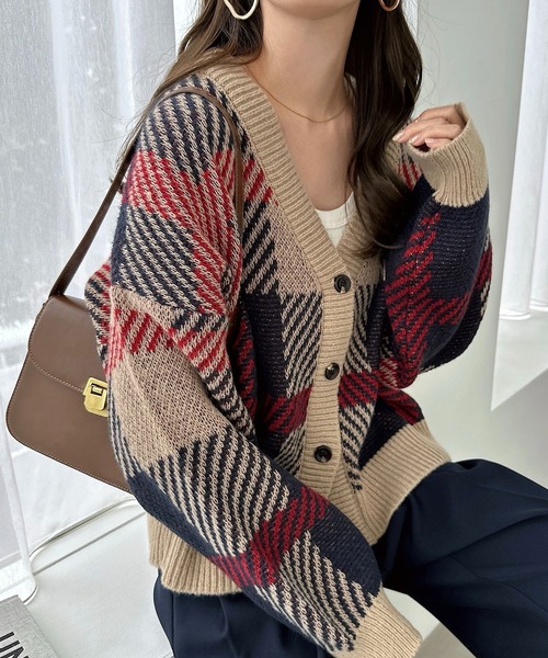 セール】モヘヤライクチェックジャガード長袖ニットカーディガン