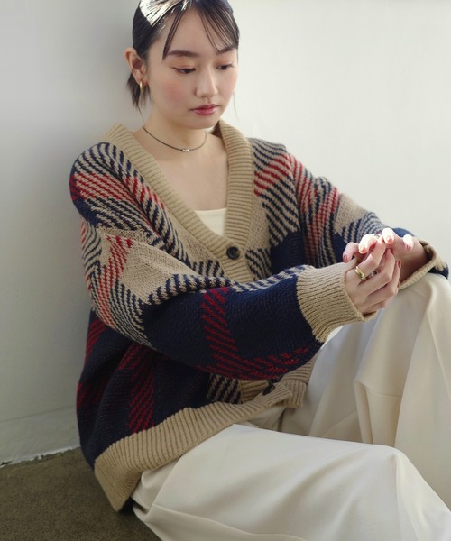 モヘヤライクチェックジャガード長袖ニットカーディガン（カーディガン
