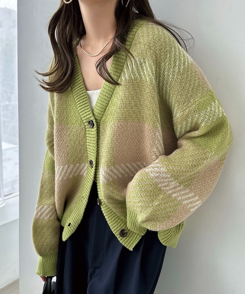 セール】モヘヤライクチェックジャガード長袖ニットカーディガン